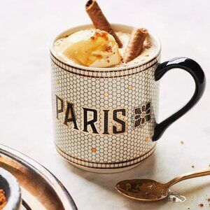 Anthropologie Bistro Tile Mug "PARIS" 24K Gold Decaled Glazed Stoneware New